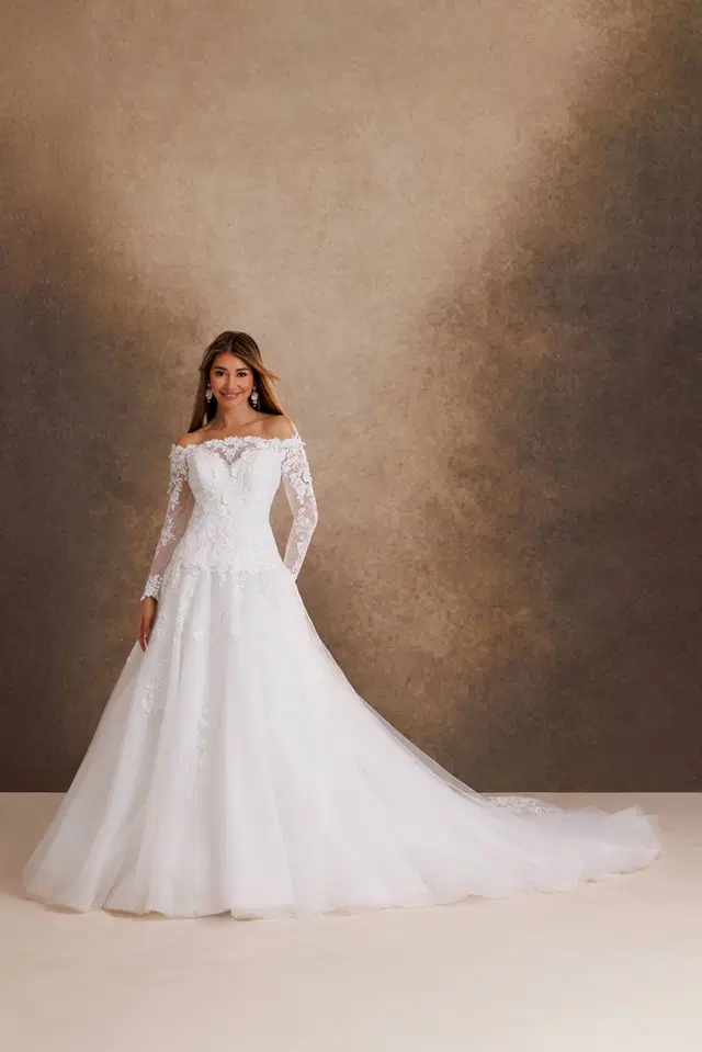 RB4252 by Rachel Allan: Ball Gown silhouette, off-shoulder neckline, long sleeves, lace