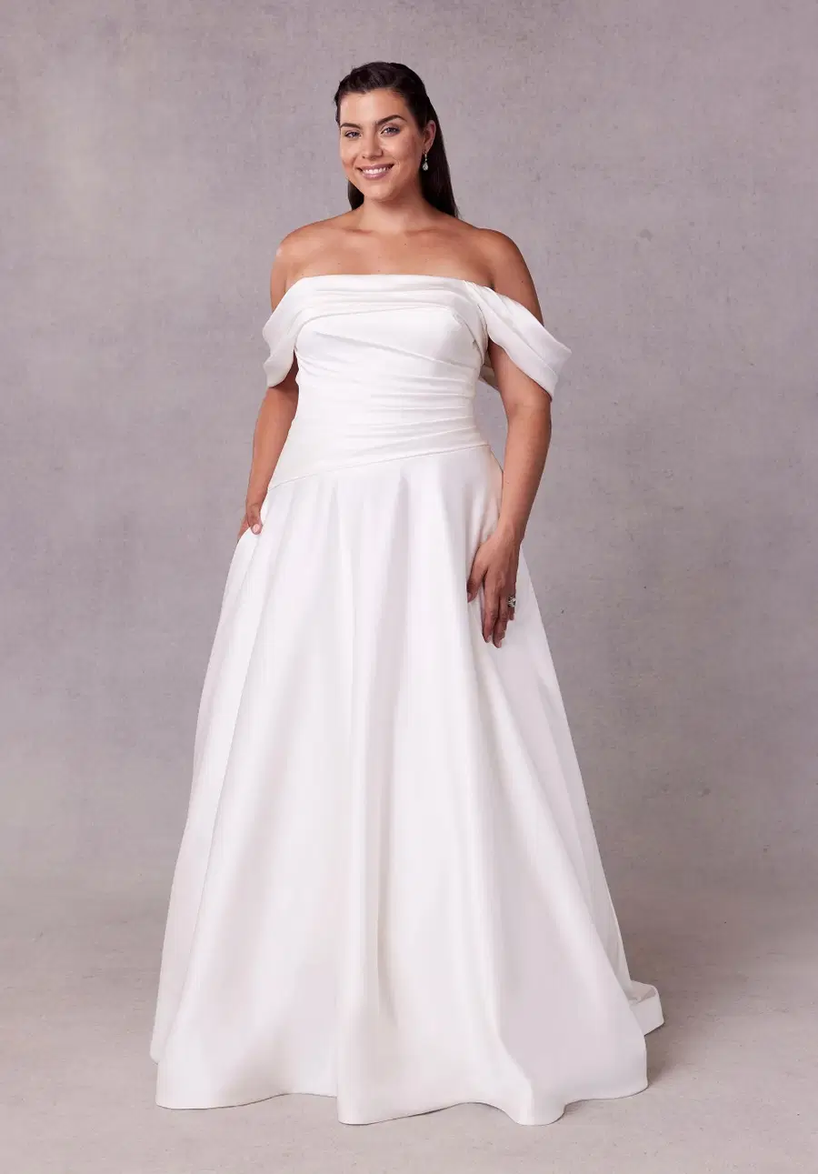 Syndy by Mori Lee: A-Line silhouette, off-shoulder neckline, sleeveless, satin