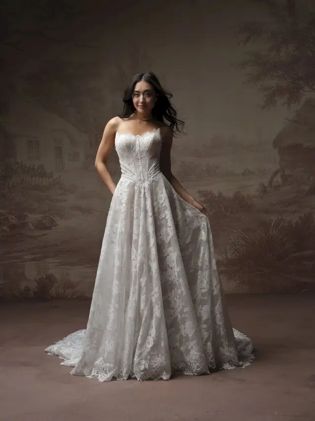 MISCHA by Maggie Sottero: A-Line silhouette, cat eye neckline, detachable sleeves, organza