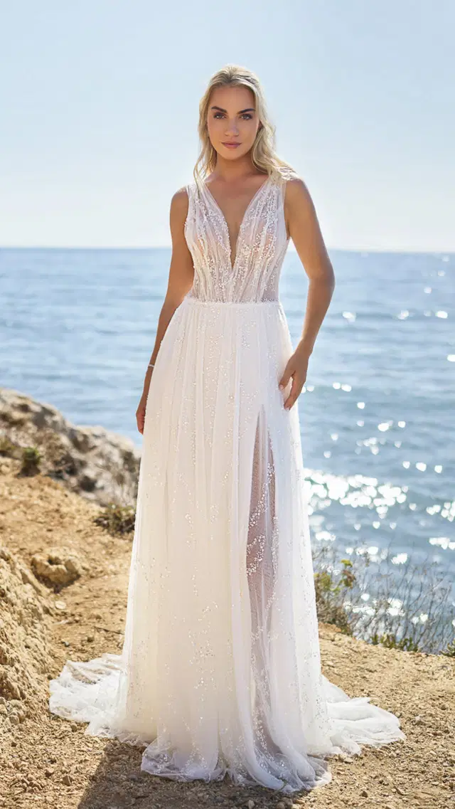 Brinkman 26419 by Brinkman by Très Chic: A-Line silhouette, deep V-neck neckline, sleeveless, tulle