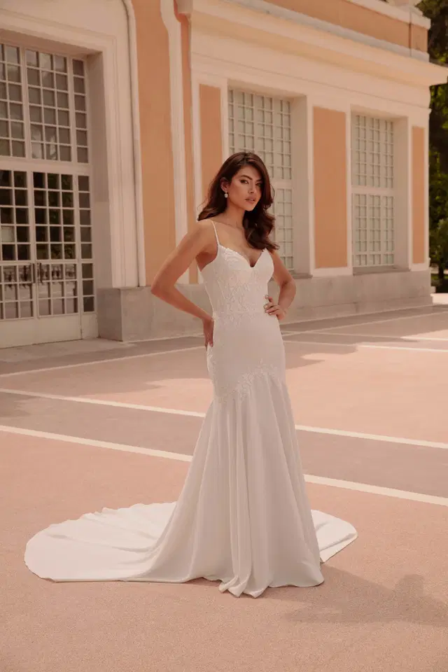 TO-2021T by Agnes: Trumpet silhouette, V-neck neckline, sleeveless, lace