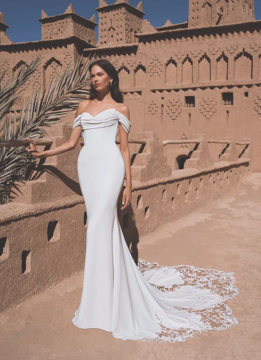 Terri by Enzoani: Fit & Flare silhouette, sweetheart neckline, crepe