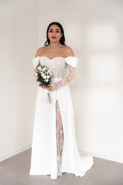 Noor wedding dress by Fan Xia, straight, crepe