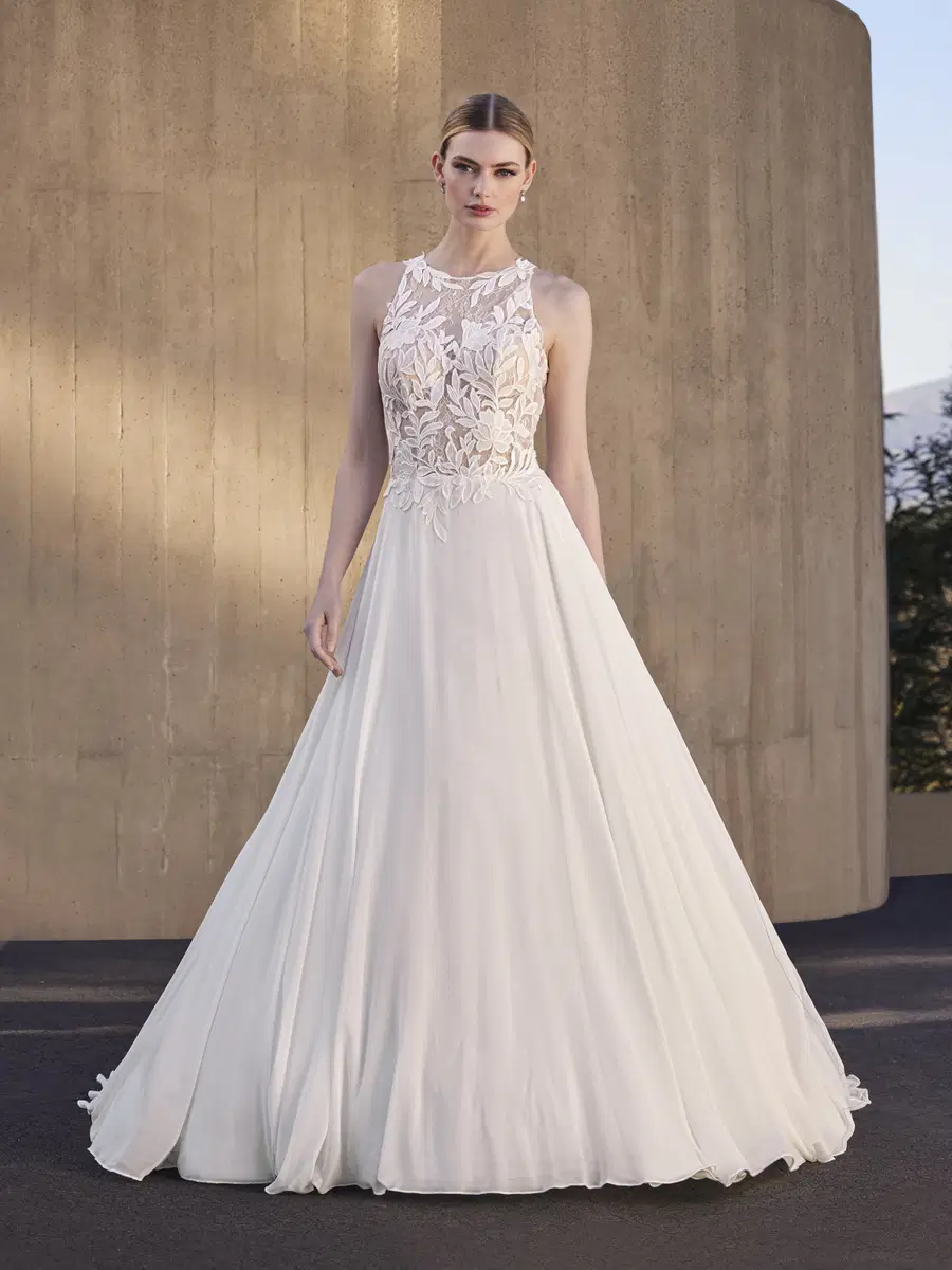 BANYA by Pronovias: A-Line silhouette, high / halter neckline, sleeveless, lace