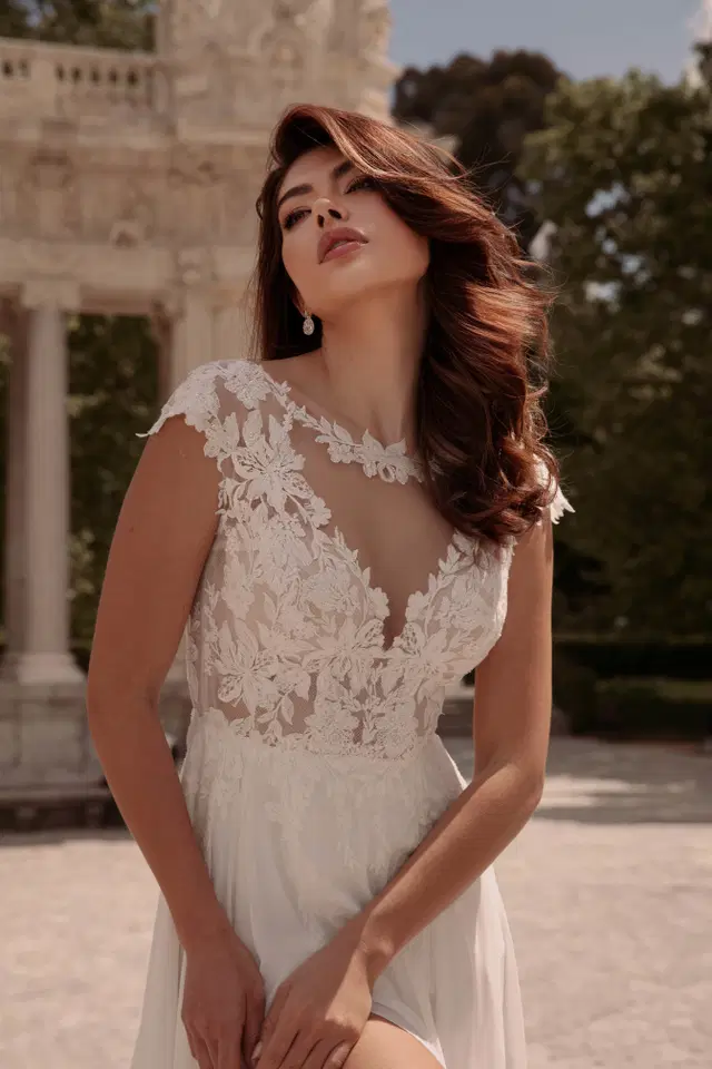 TO-2036T by Agnes: A-Line silhouette, cap sleeves, lace