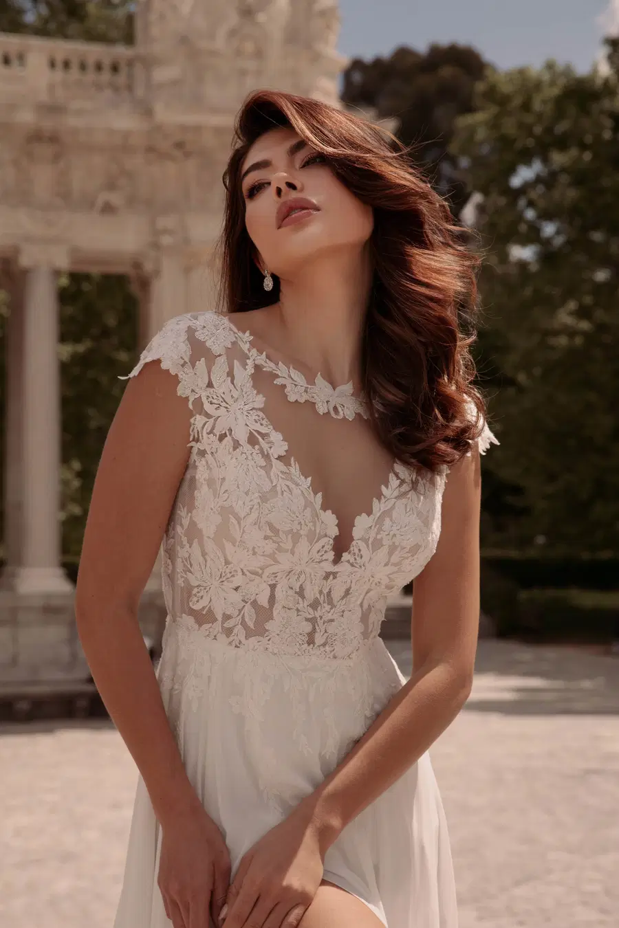 TO-2036T by Agnes: A-Line silhouette, cap sleeves, lace