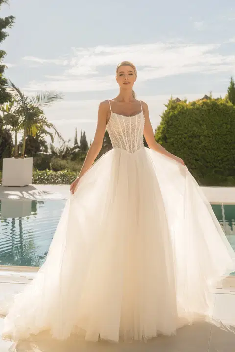 Style 8235 wedding dress by Diane Legrand, A-line, lace