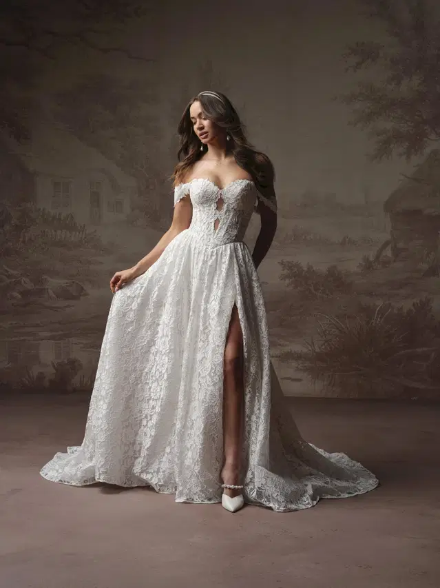 NARELLE by Rebecca Ingram: A-Line silhouette, sweetheart neckline, detachable sleeves, lace