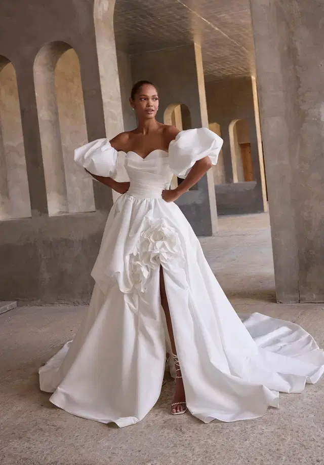 Nereida by Mori Lee: Ball Gown silhouette, sweetheart neckline, puff sleeves, taffeta