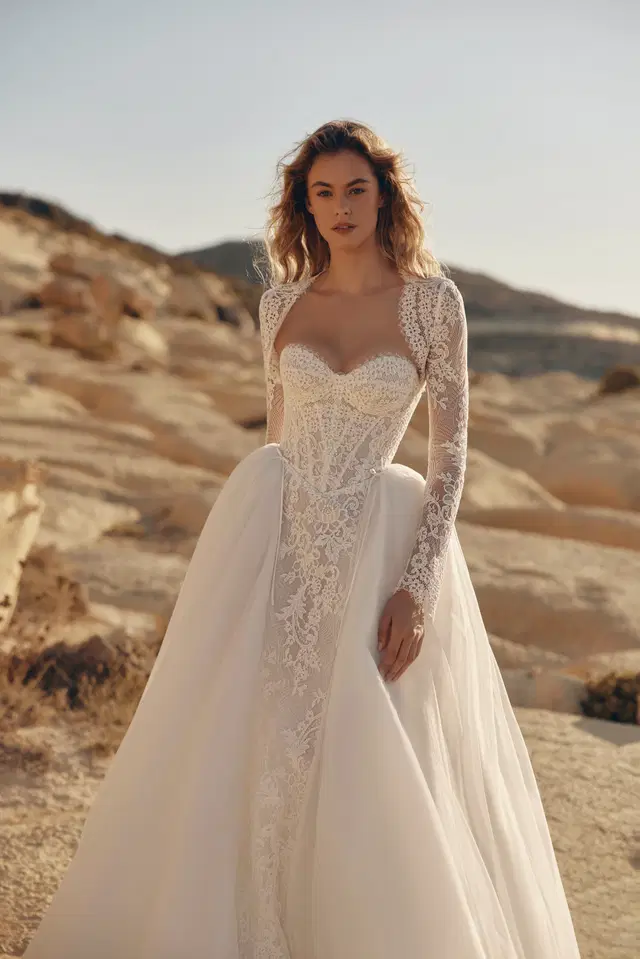 Topaz by Eva Lendel: Ball Gown silhouette, sweetheart neckline, long sleeves, lace