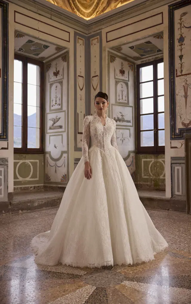 Alyx 63343 by Veni Infantino: Ball Gown silhouette, V-neck neckline, long sleeves, lace