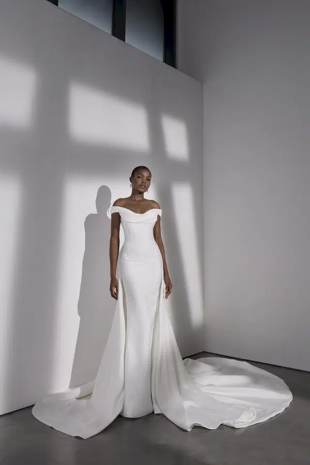 Hamilton by Avenue by Josephine Scott: Trumpet silhouette, off-shoulder neckline, sleeveless, jacquard