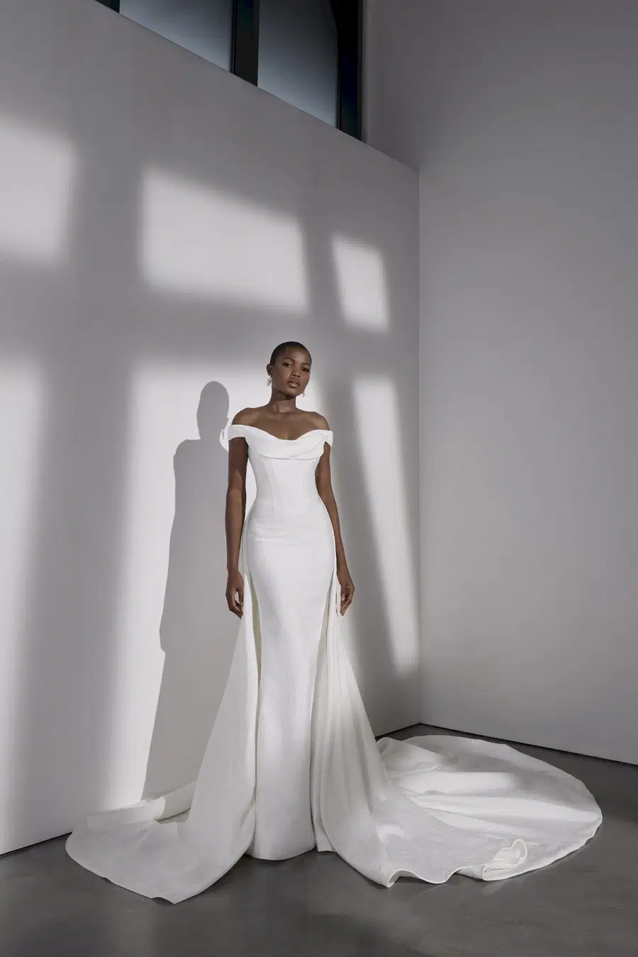 Hamilton by Avenue by Josephine Scott: Trumpet silhouette, off-shoulder neckline, sleeveless, jacquard