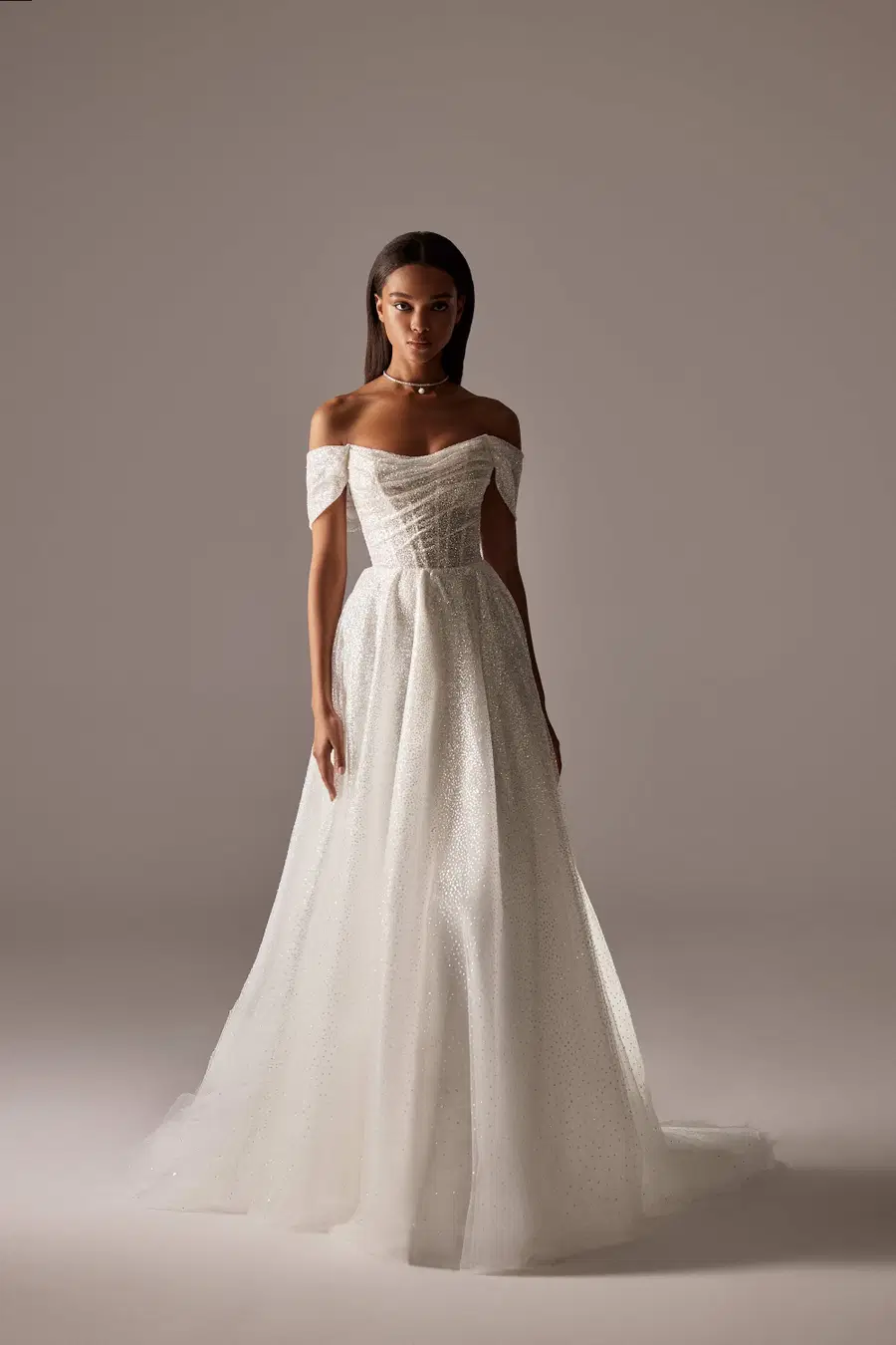 Camelia by Milla Nova: A-Line silhouette, sweetheart neckline, separate sleeves, glittery fabric