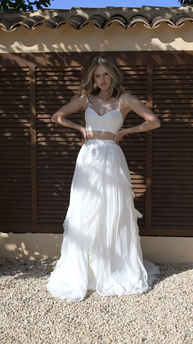 Darja Skirt by Malee: Two-Piece silhouette, chiffon, cathedral train