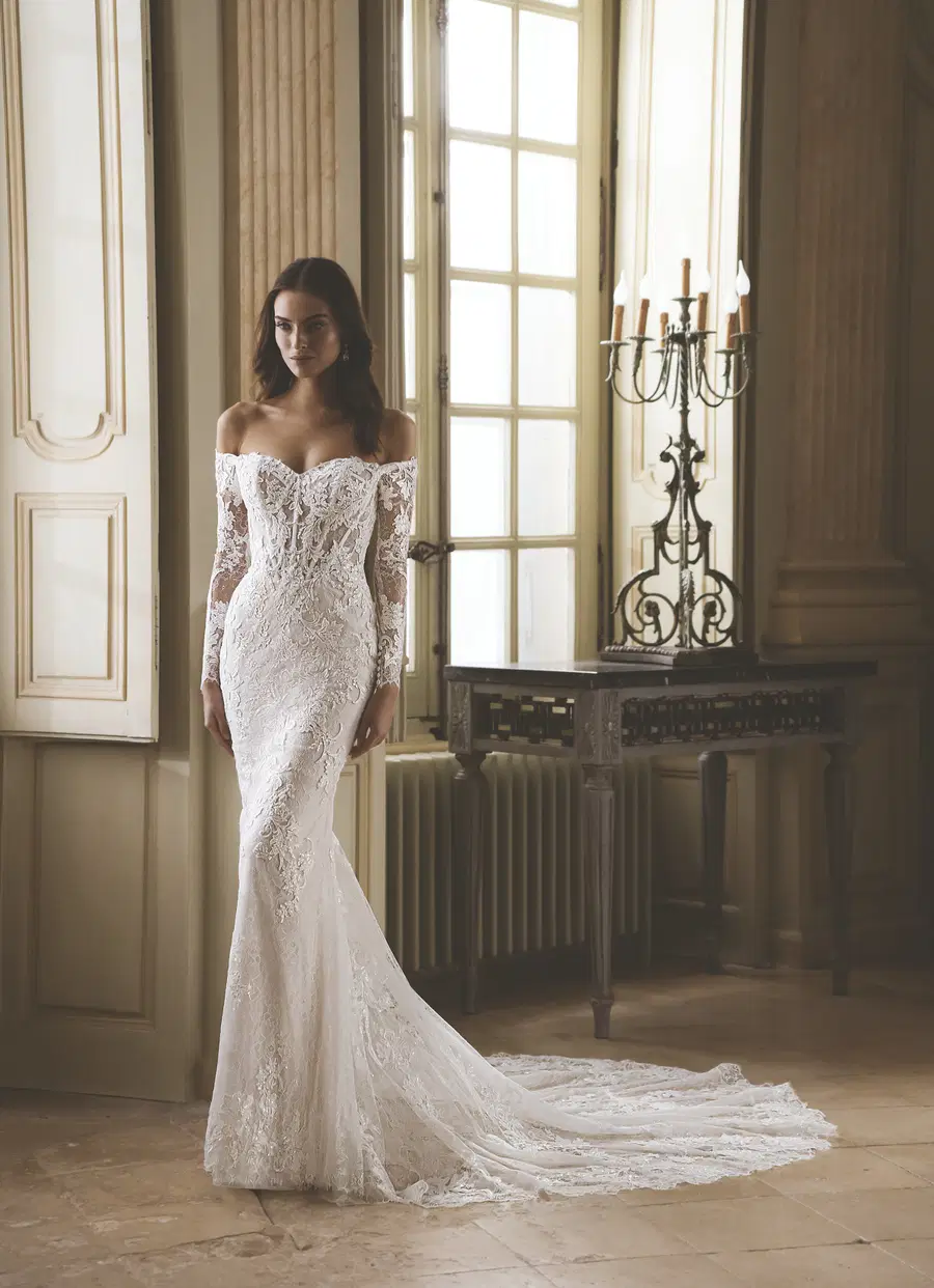 Goldie by ÉLYSÉE: Straight silhouette, semi sweetheart neckline, long sleeves, lace