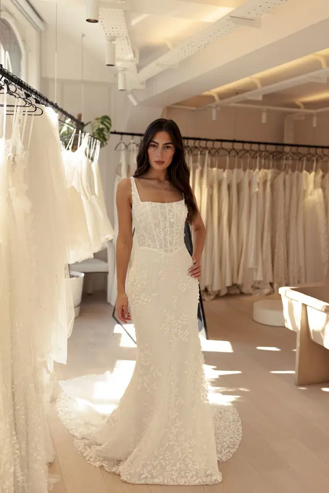 Weston by MWL Bride: Trumpet silhouette, straight neckline, sleeveless, lace