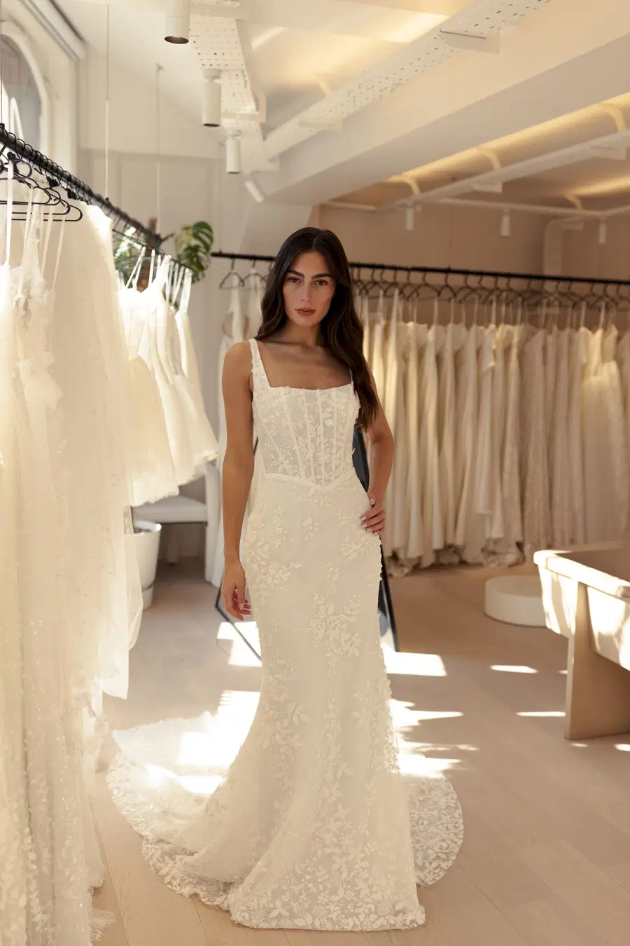 Weston by MWL Bride: Trumpet silhouette, straight neckline, sleeveless, lace