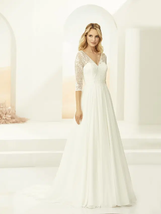 MEDUSA by Bianco Evento: A-Line silhouette, V-neck neckline, three-quarter sleeves, lace