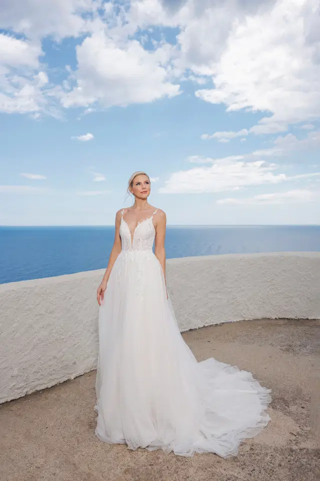 B2406 by Amera Vera: Trumpet silhouette, deep V-neck neckline, sleeveless, tulle