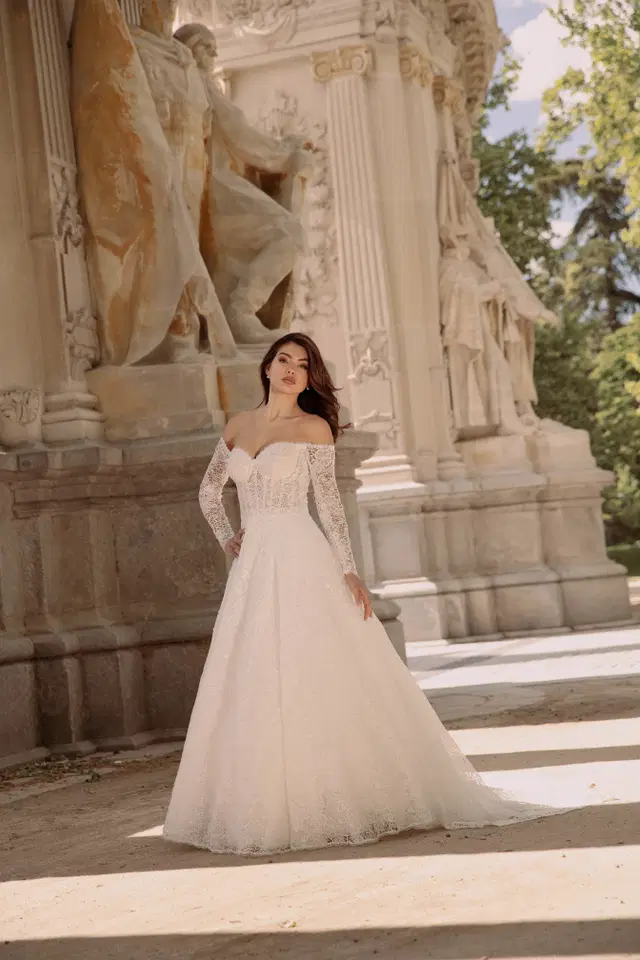 TO-2229T by Agnes: A-Line silhouette, off-shoulder neckline, long sleeves, lace