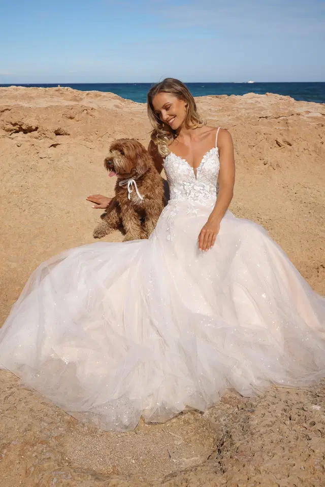 Bonita by Azuree Bridal: A-Line silhouette, deep V-neck neckline, sleeveless, lace