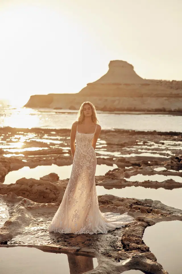 Cher by Eva Lendel: Mermaid silhouette, straight neckline, sleeveless, lace