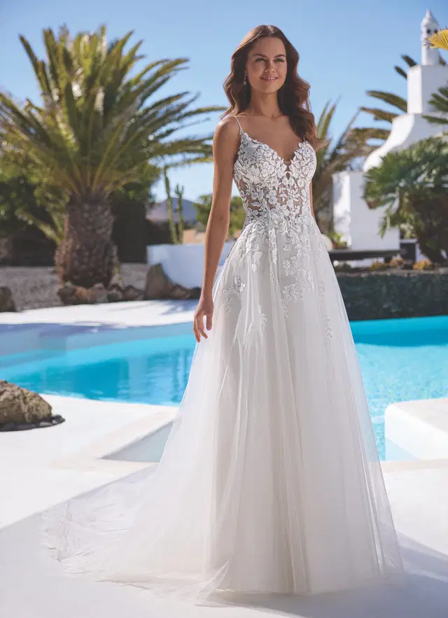 Eternity by Enzoani: A-Line silhouette, V-neck neckline, lace