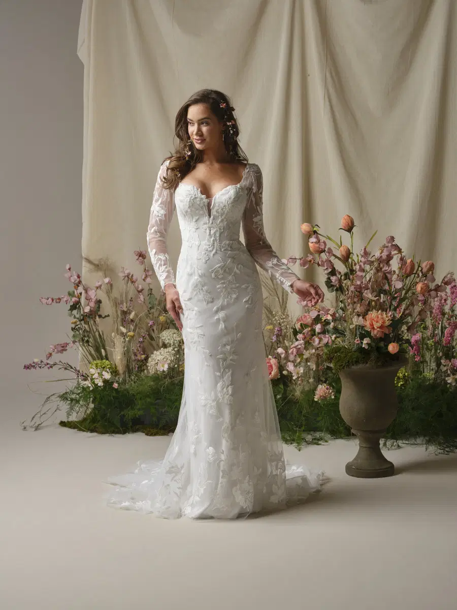 Aubra by Rebecca Ingram: Fit & Flare silhouette, sweetheart neckline, long sleeves, lace