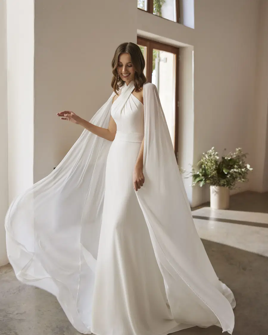 Narela by Alma Novia: Straight silhouette, high / halter neckline, sleeveless, crepe