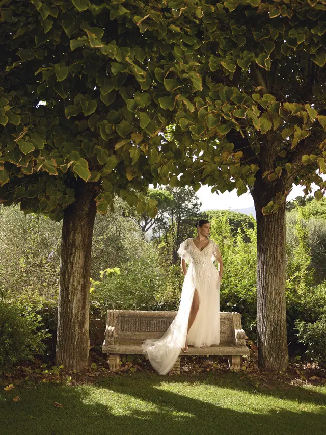 Jewel by Modeca Bridal: A-Line silhouette, V-neck neckline, wing sleeves, lace