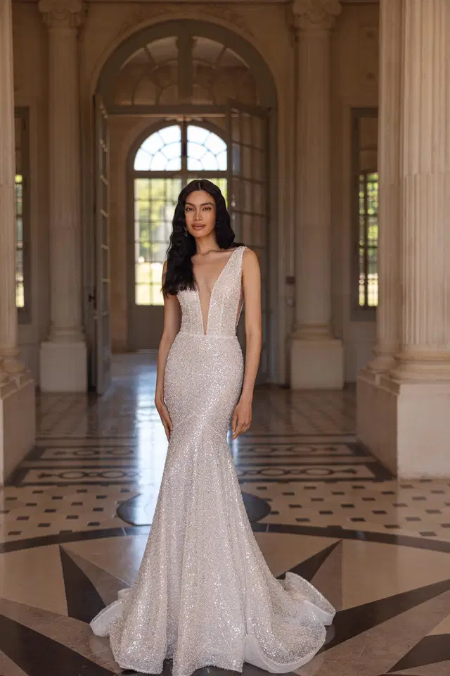 Aspasia by Ella Novia: Mermaid silhouette, V-neck neckline, sleeveless, sequins