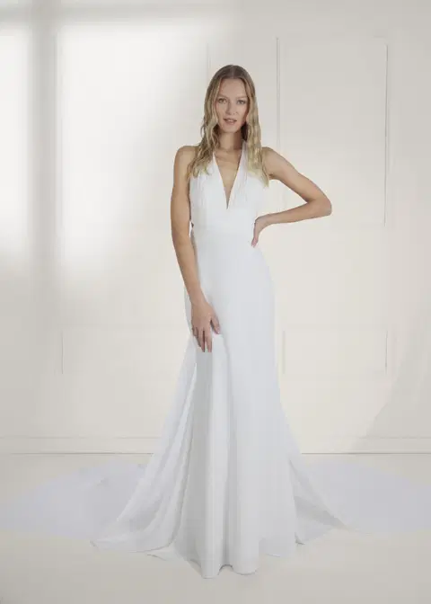 Anni wedding dress by Serravalle, crepe, deep V-neck