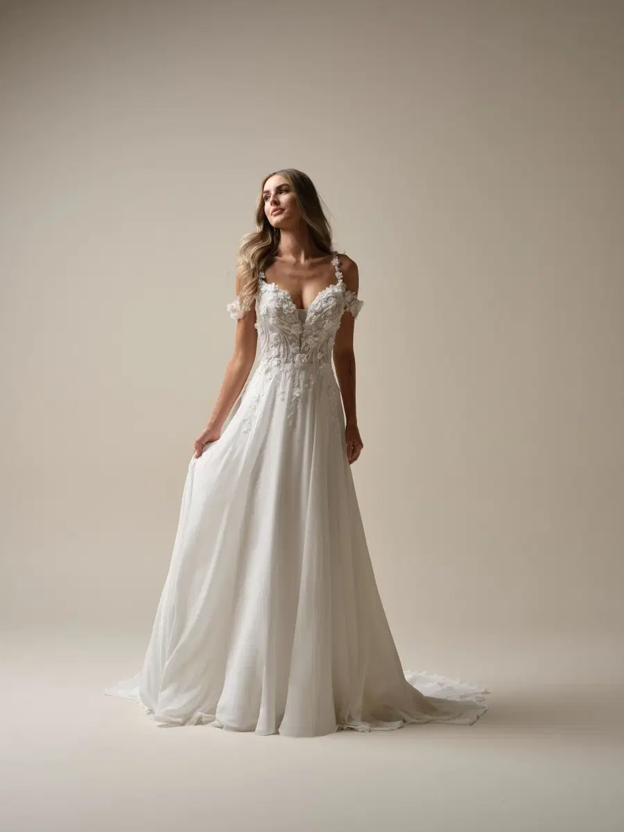 Hunter by Maggie Sottero: Straight silhouette, deep V-neck neckline, chiffon, chapel train