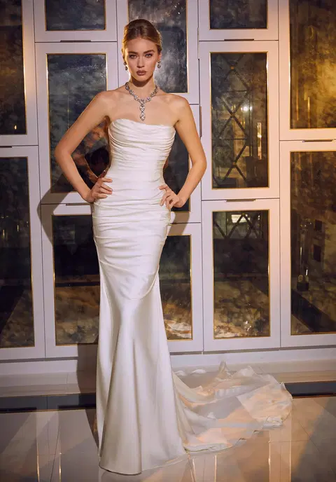 Tula wedding dress by Mori Lee, fit & flare, satin