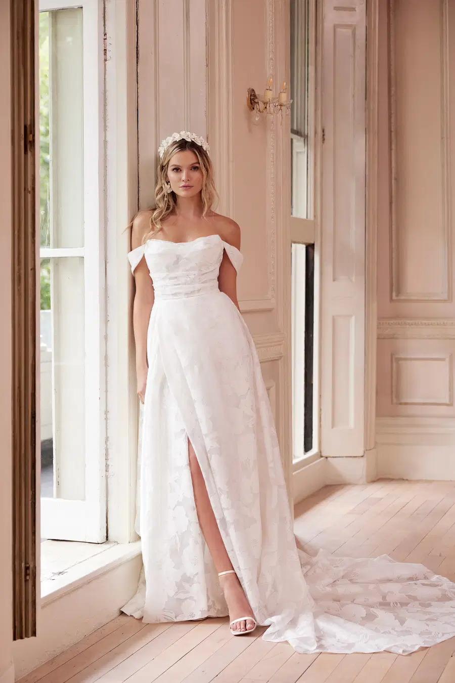 Freya by Josephine Scott: A-Line silhouette, off-shoulder neckline, cap sleeves, organza