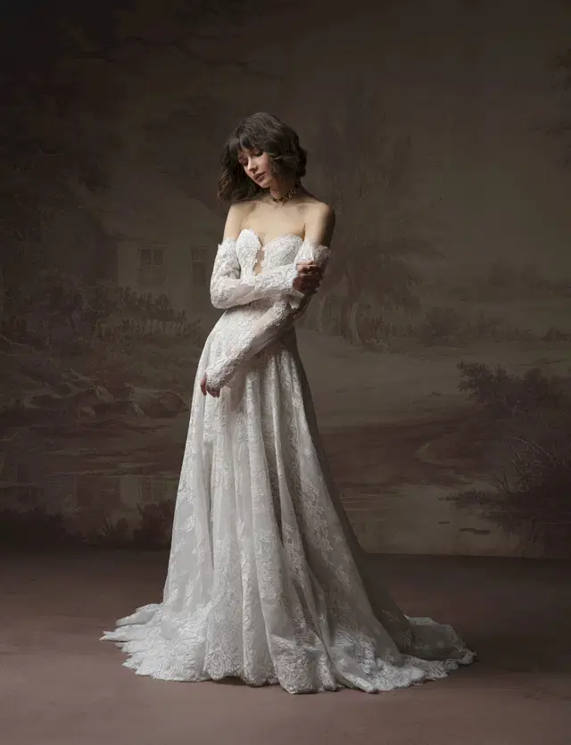 KEEVA by Sottero & Midgley: A-Line silhouette, sweetheart neckline, detachable sleeves, lace