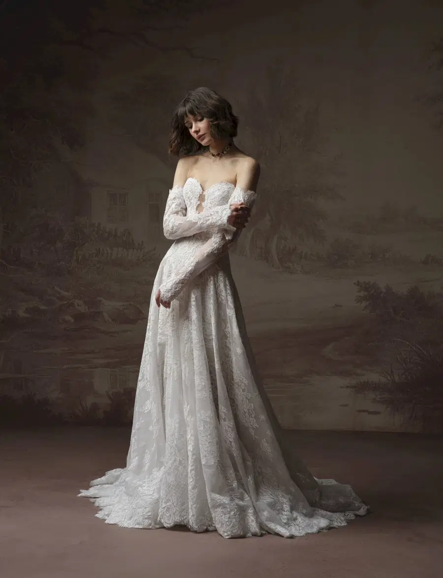 KEEVA by Sottero & Midgley: A-Line silhouette, sweetheart neckline, detachable sleeves, lace