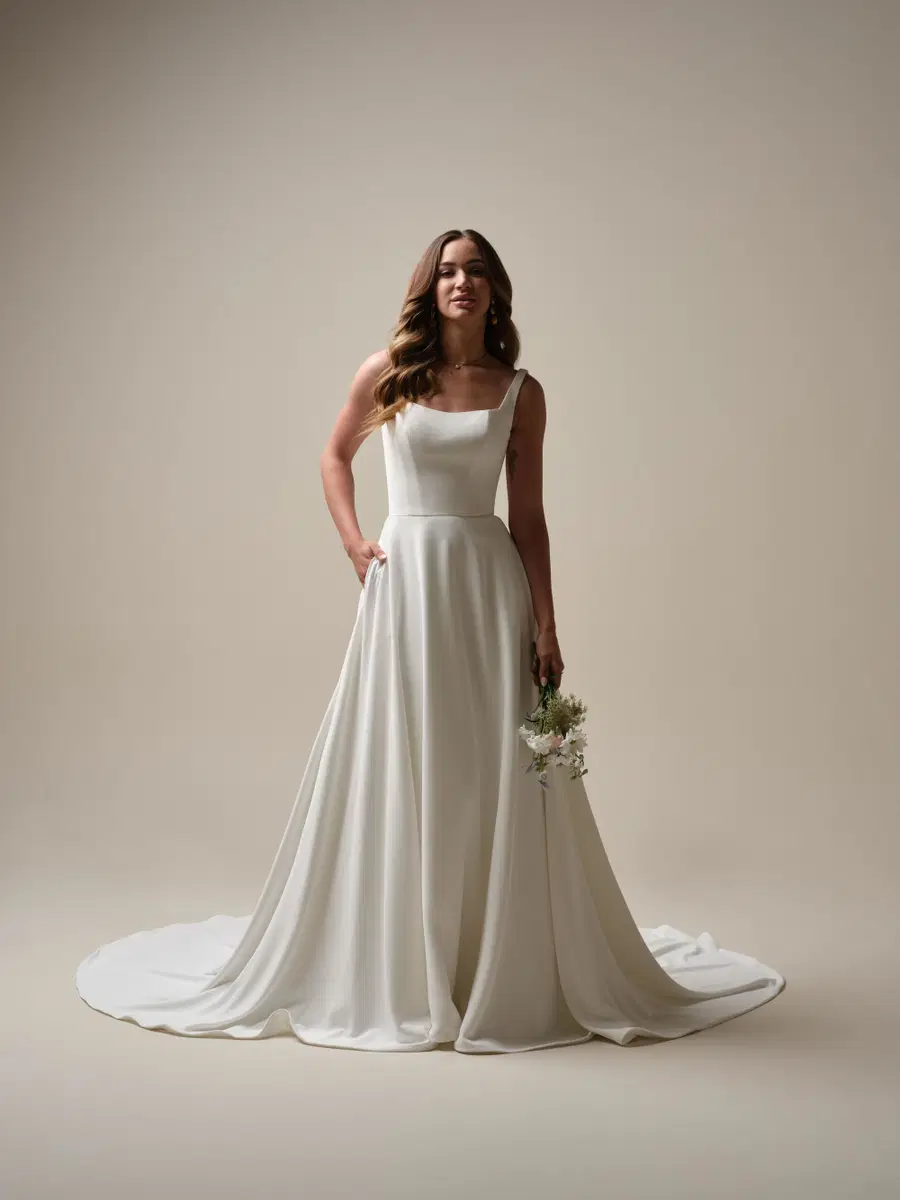 Olivianna Marie by Rebecca Ingram: A-Line silhouette, square neckline, sleeveless, crepe