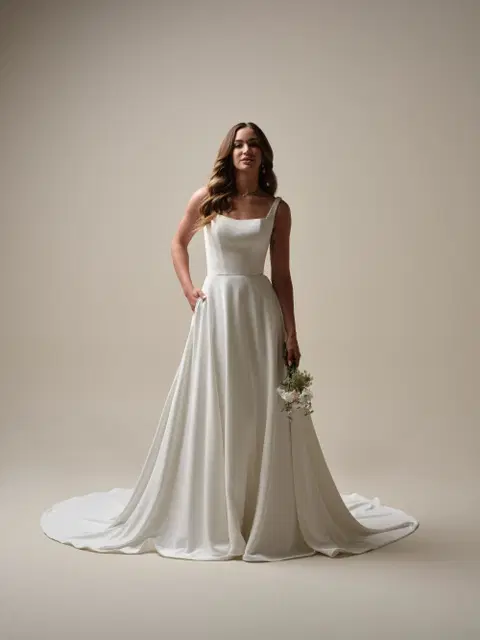 Olivianna Marie wedding dress by Rebecca Ingram, A-line, crepe