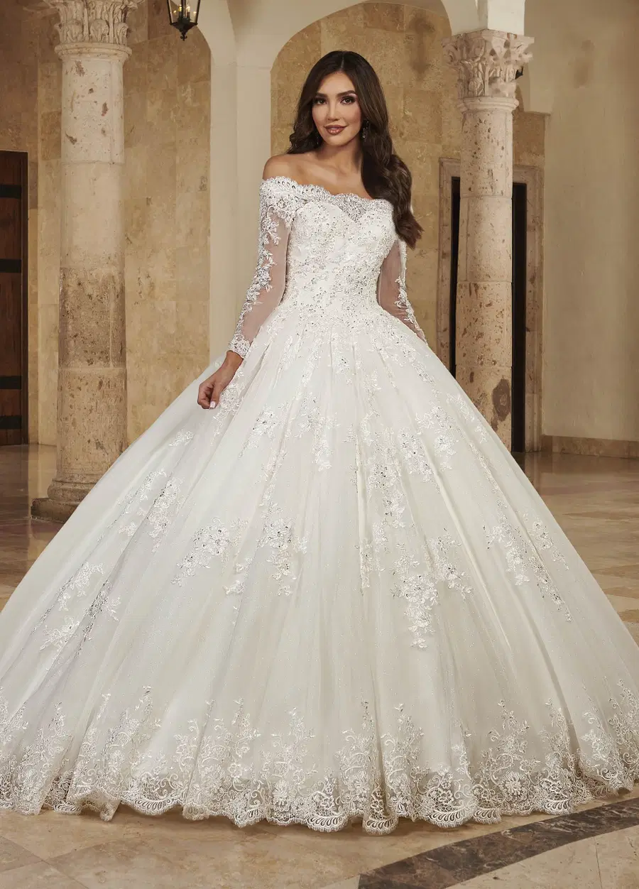 MB6089 by Rachel Allan: Ball Gown silhouette, off-shoulder neckline, long sleeves, lace