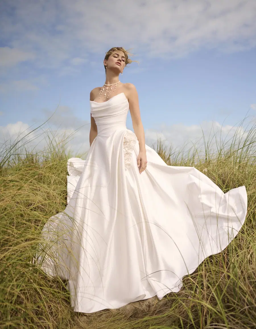 Antoinette by Maggie Sottero: Ball Gown silhouette, cat eye neckline, sleeveless, satin
