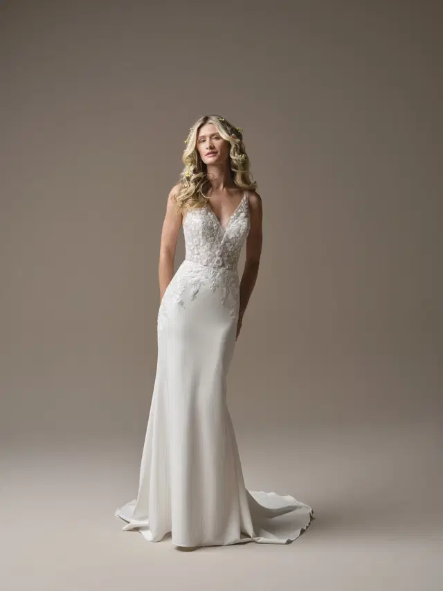 Holly by Rebecca Ingram: A-Line silhouette, V-neck neckline, crepe