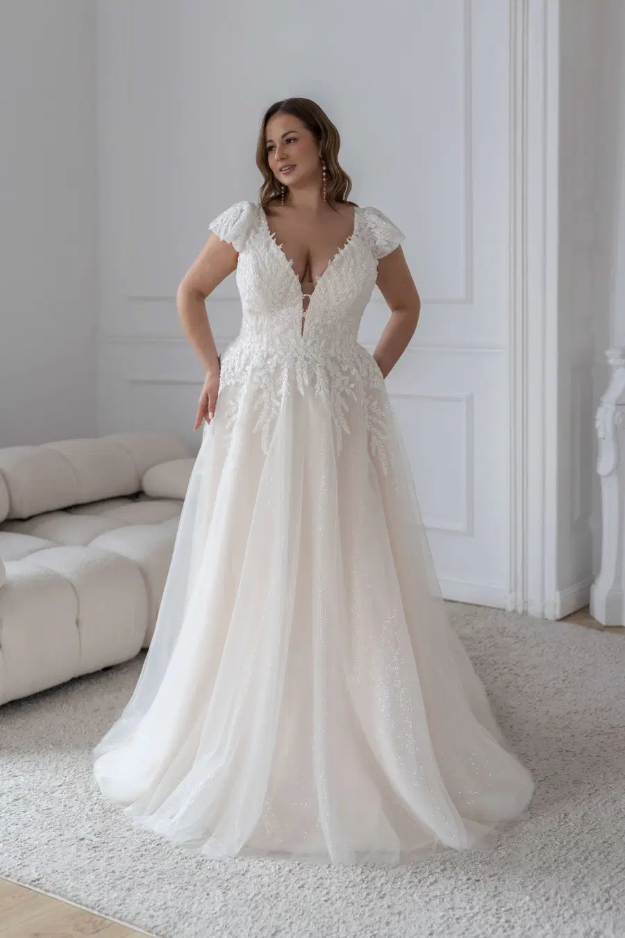Glow by Jarice: A-Line silhouette, V-neck neckline, cap sleeves, tulle