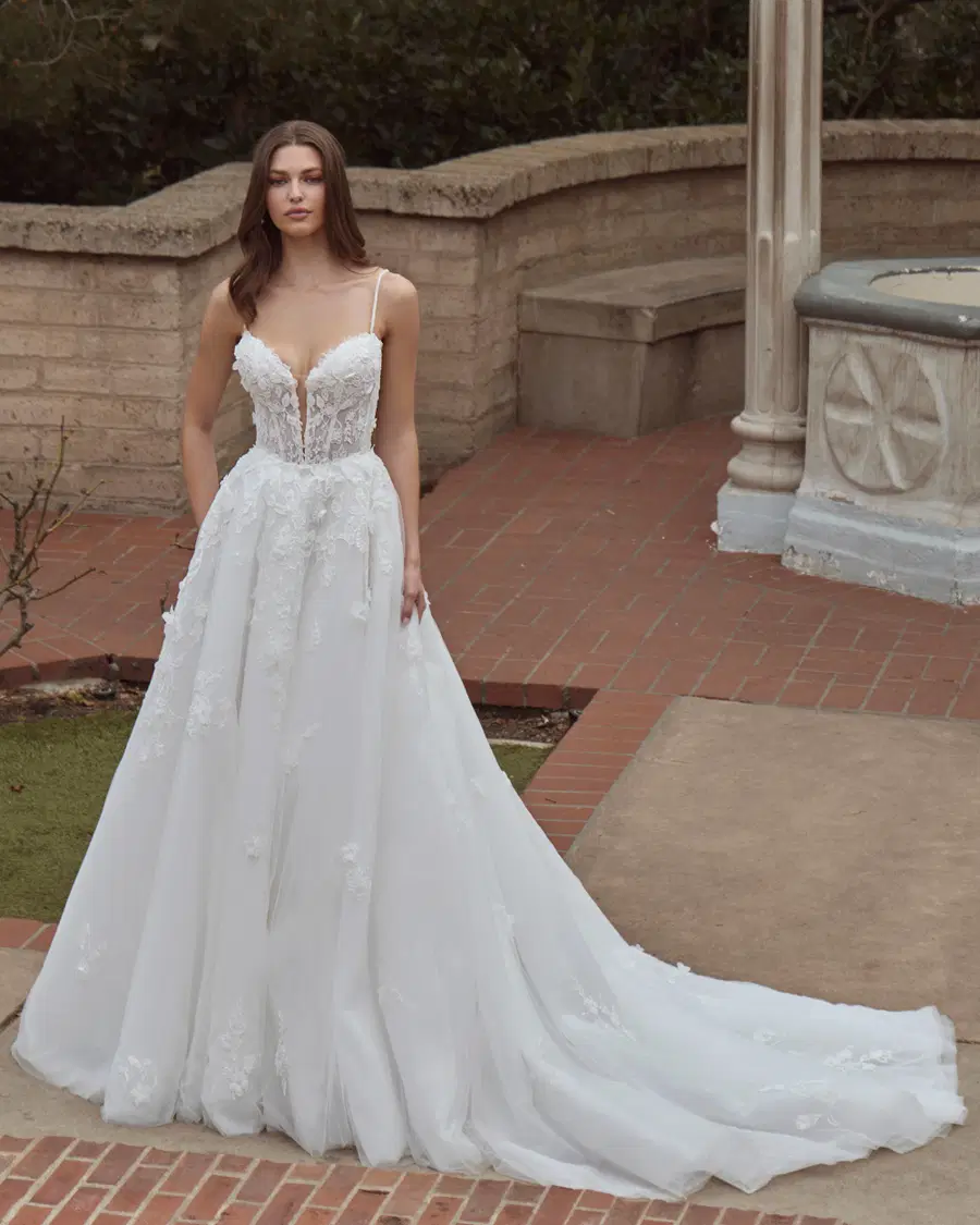 LA26242 Honey by Calla Blanche: Ball Gown silhouette, deep V-neck neckline, sleeveless, lace