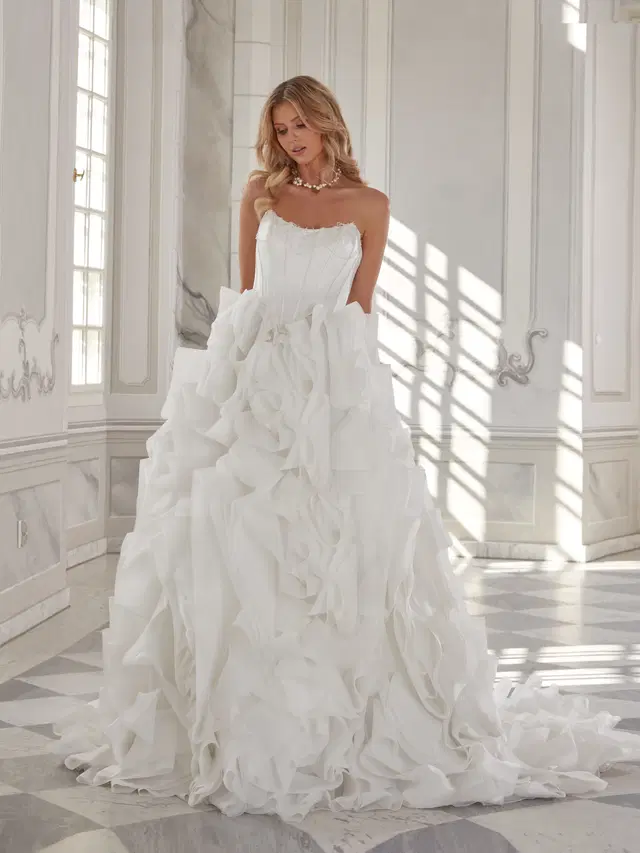 Natasha by Vanilla Sposa: Ball Gown silhouette, scoop neckline, satin, chapel train