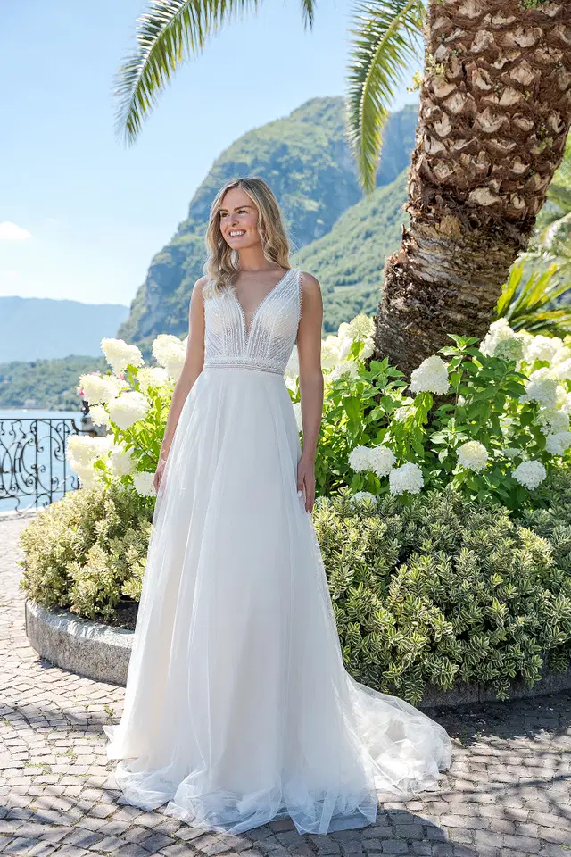 VN23 ivory by Vera Nova: A-Line silhouette, V-neck neckline, sleeveless, tulle