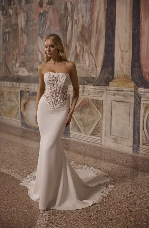 Amy 63349 wedding dress by Veni Infantino, trumpet, lace