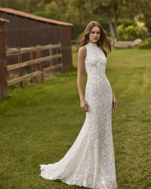 Nurith by Alma Novia: Mermaid silhouette, high / halter neckline, sleeveless