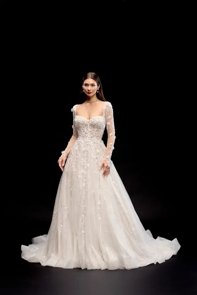 Twyla by Justin Alexander: Ball Gown silhouette, sweetheart neckline, long sleeves